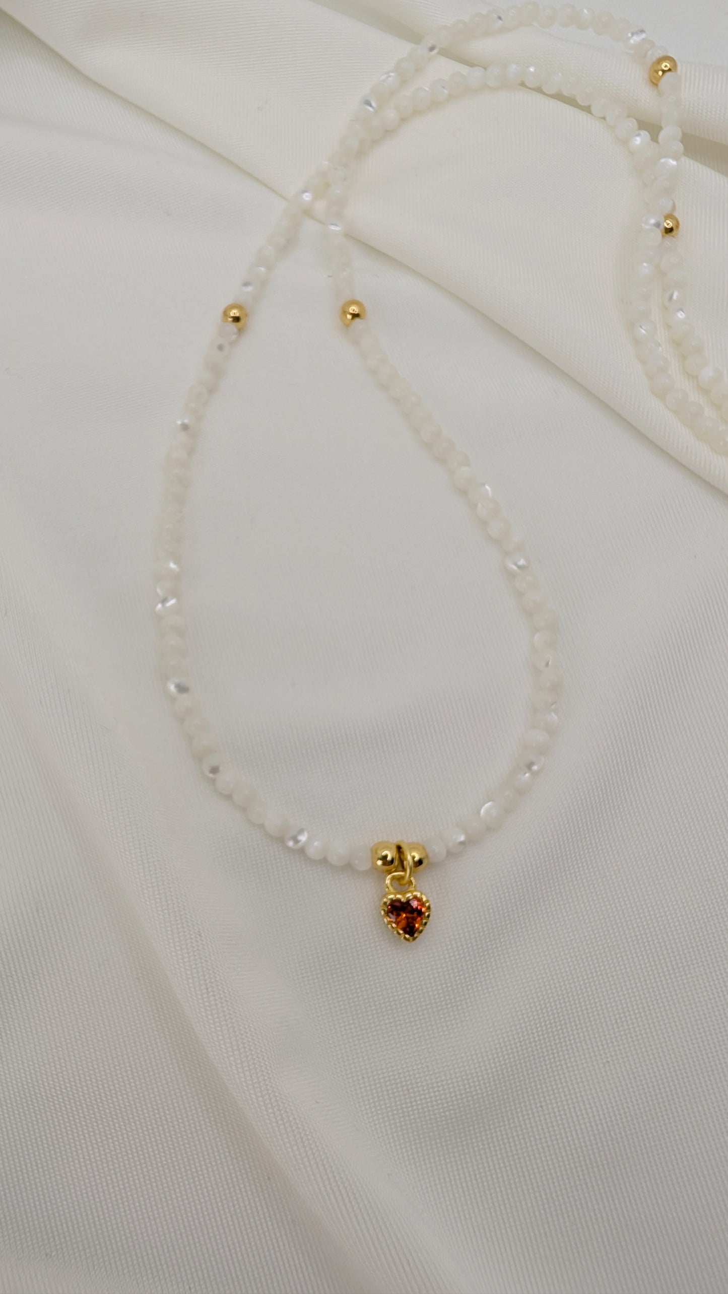Moonstones Necklace & 14k Golden Heart with Red Crystal