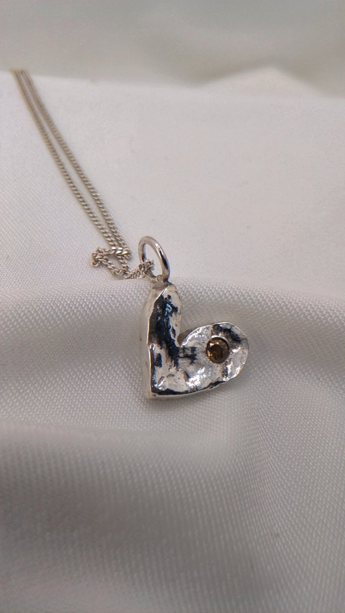 Textured Fine Silver Heart Pendant with Yellow Garnet Stone