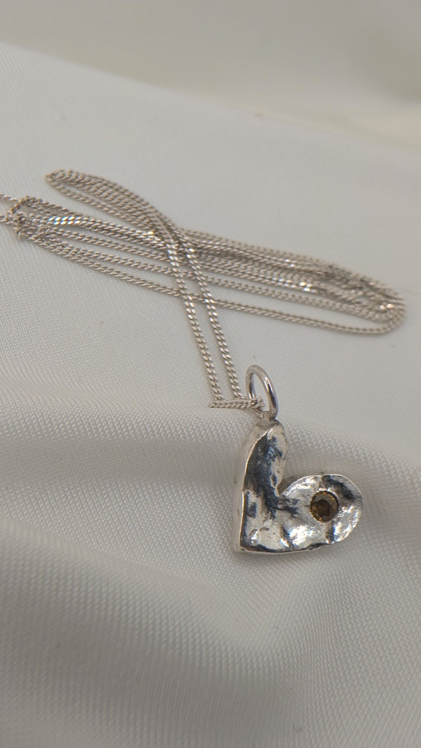 Textured Fine Silver Heart Pendant with Yellow Garnet Stone