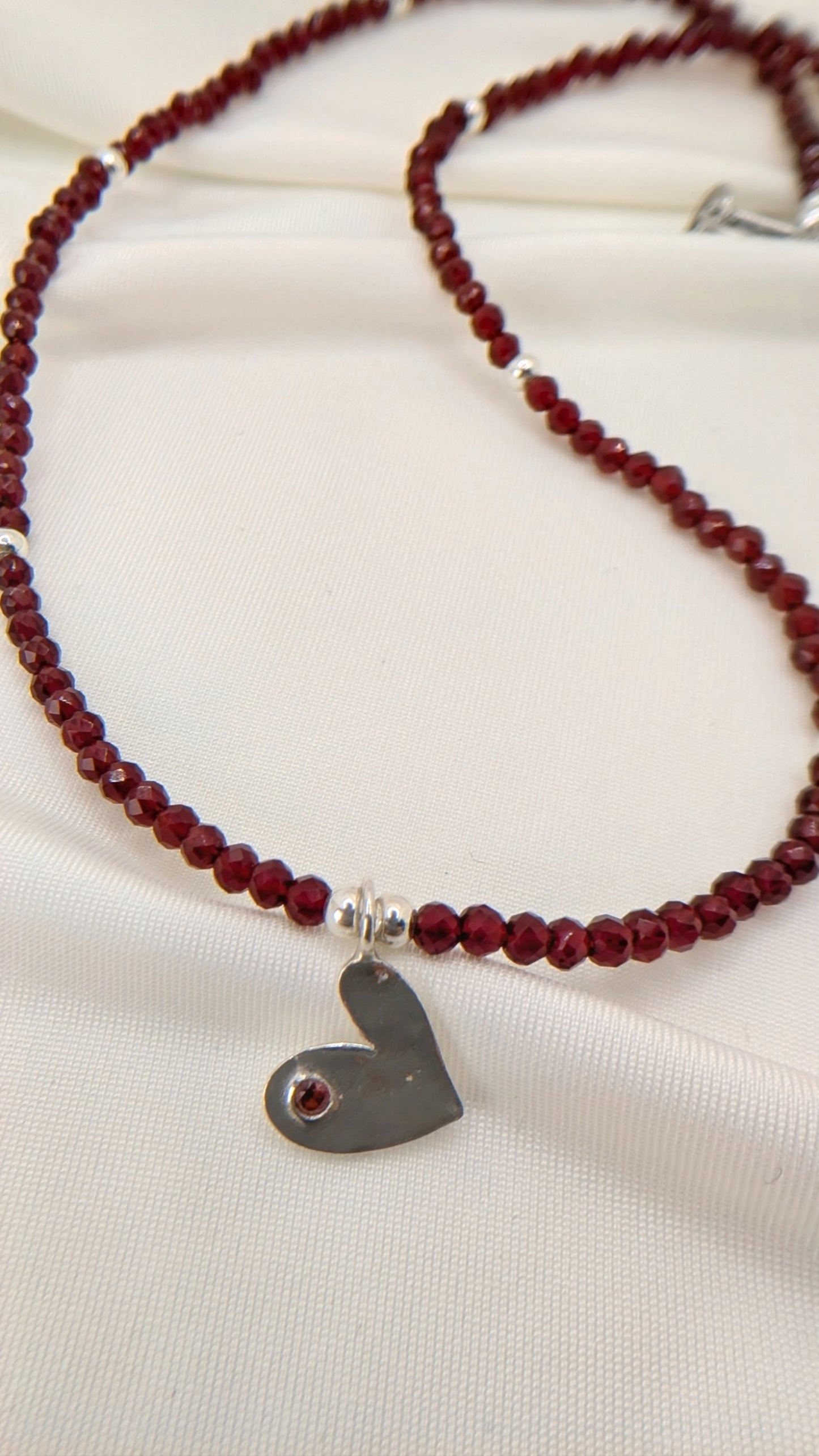 Red Crystal Necklace & Fine Silver Heart Pendant