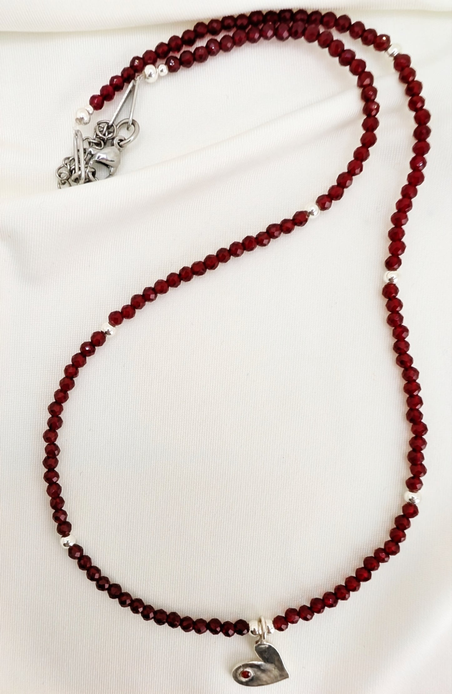 Red Crystal Necklace & Fine Silver Heart Pendant
