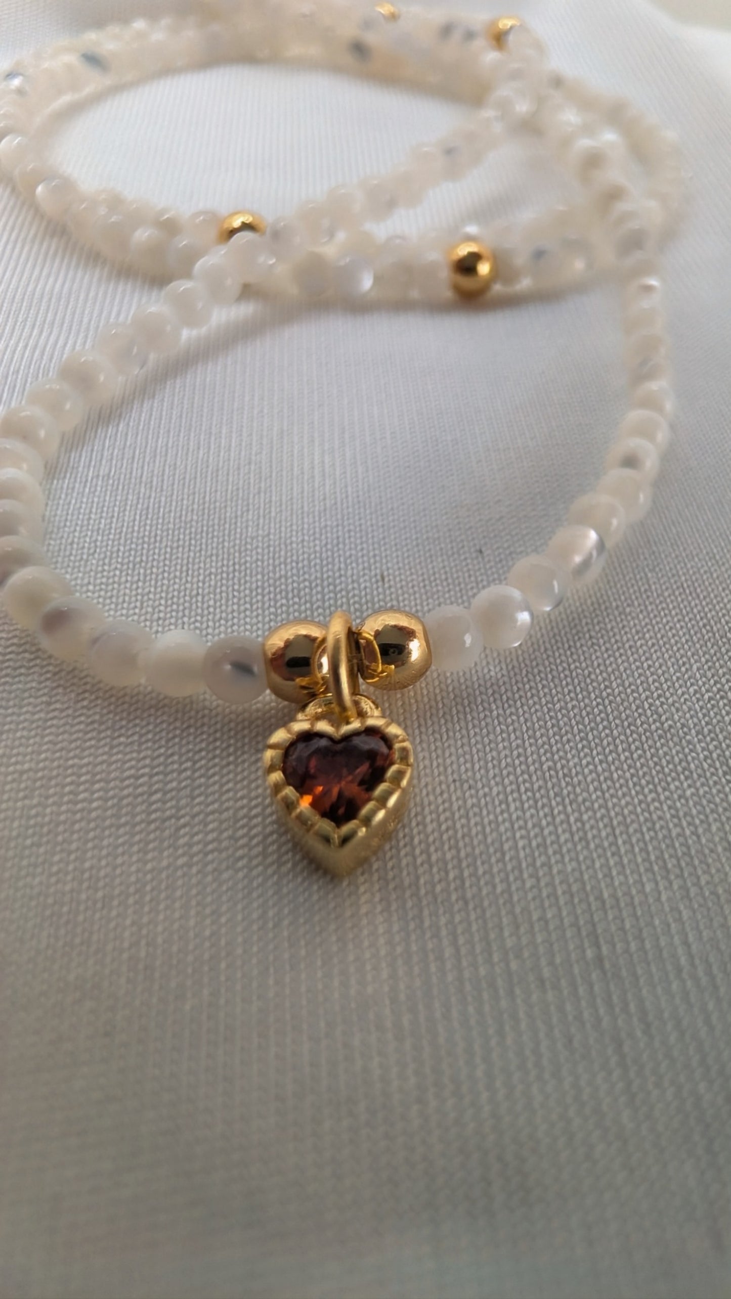 Moonstones Necklace & 14k Golden Heart with Red Crystal