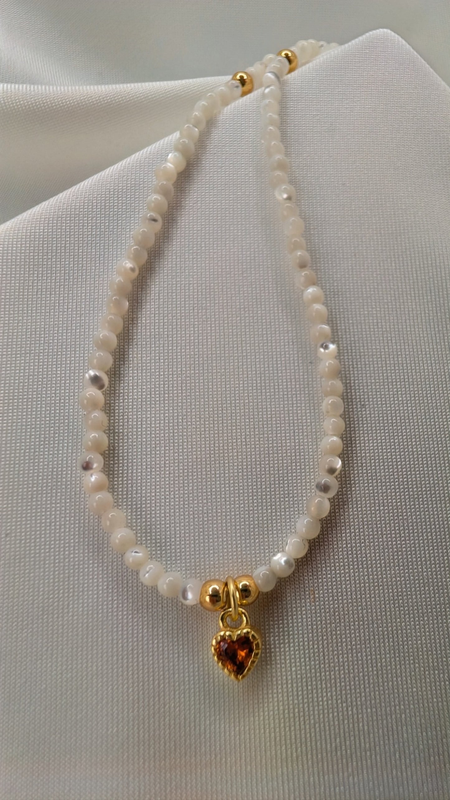 Moonstones Necklace & 14k Golden Heart with Red Crystal