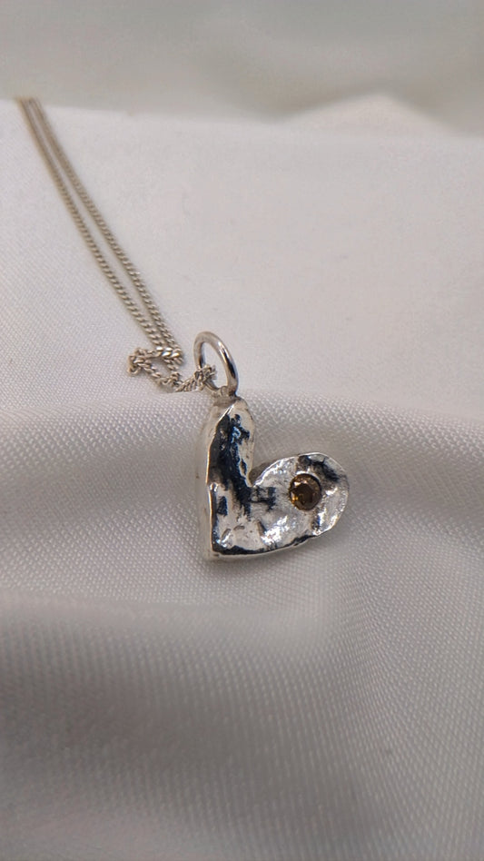 Textured Fine Silver Heart Pendant with Yellow Garnet Stone