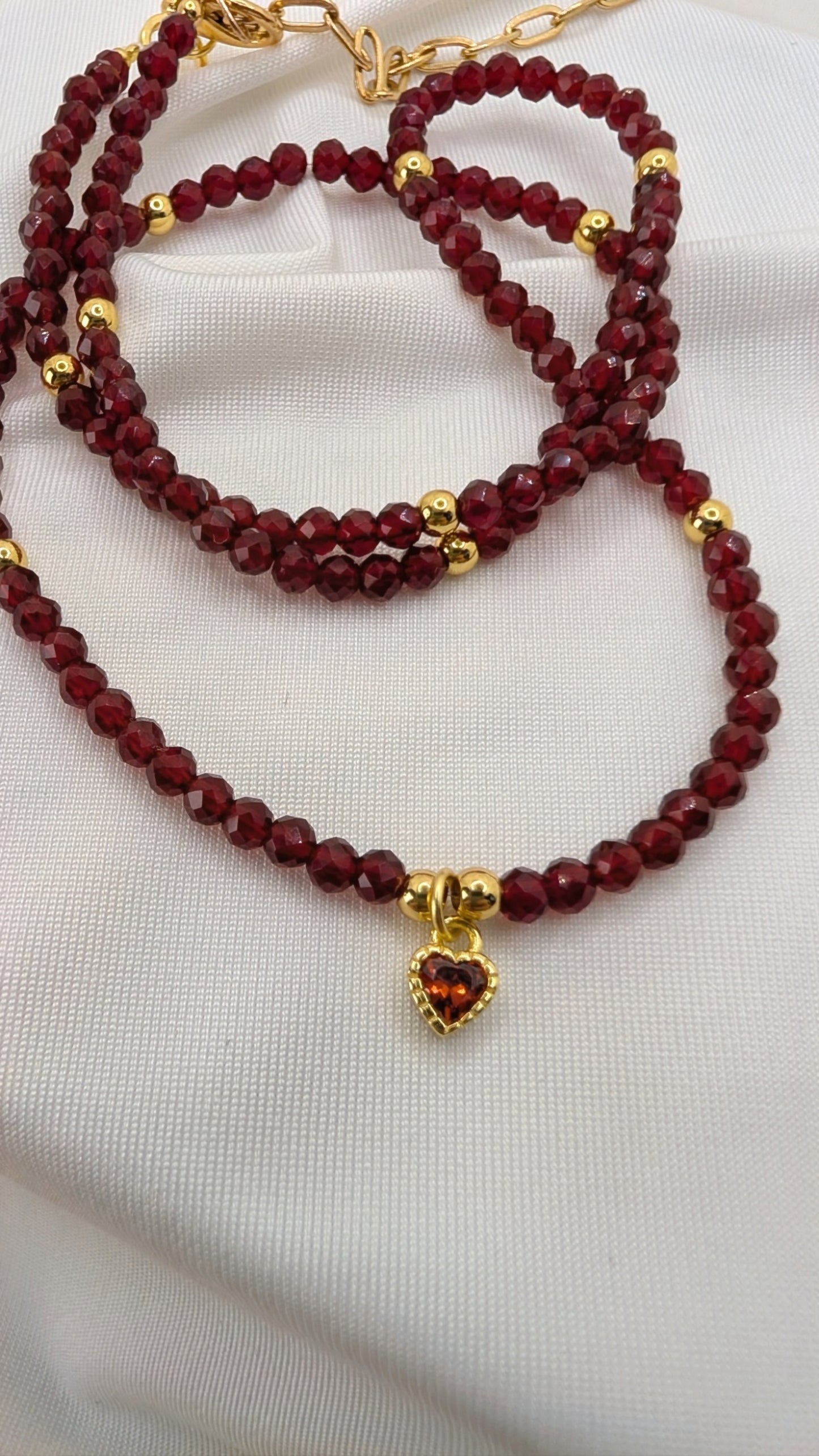 Red Crystal Necklace & 14k Golden Hearts