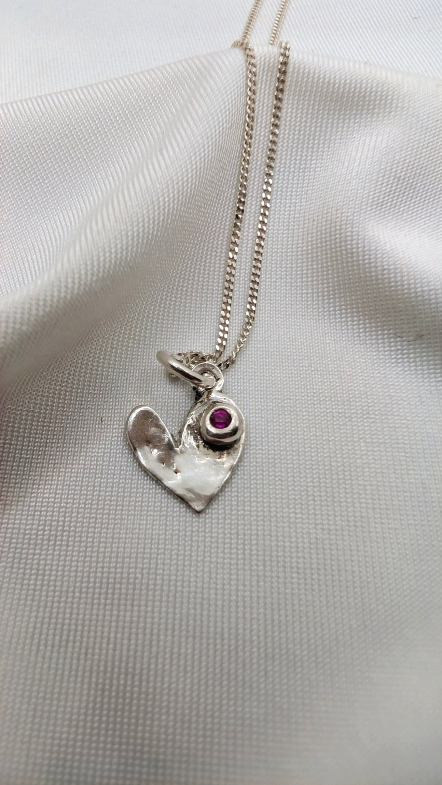 Fine Silver Heart Pendant with Pink Lab Diamond